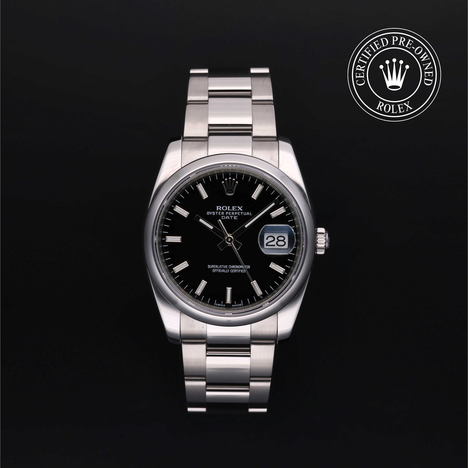 Rolex Certified Pre-owned Date M115200-0004 front on black background