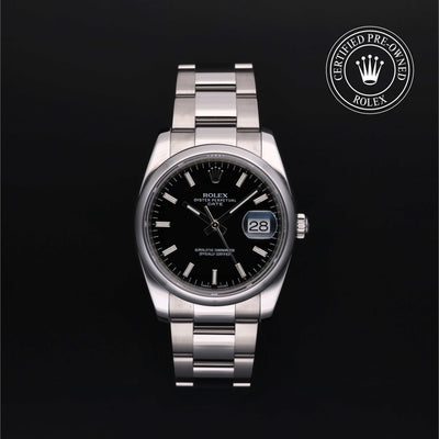 Rolex Certified Pre-owned Date M115200-0004 front on black background