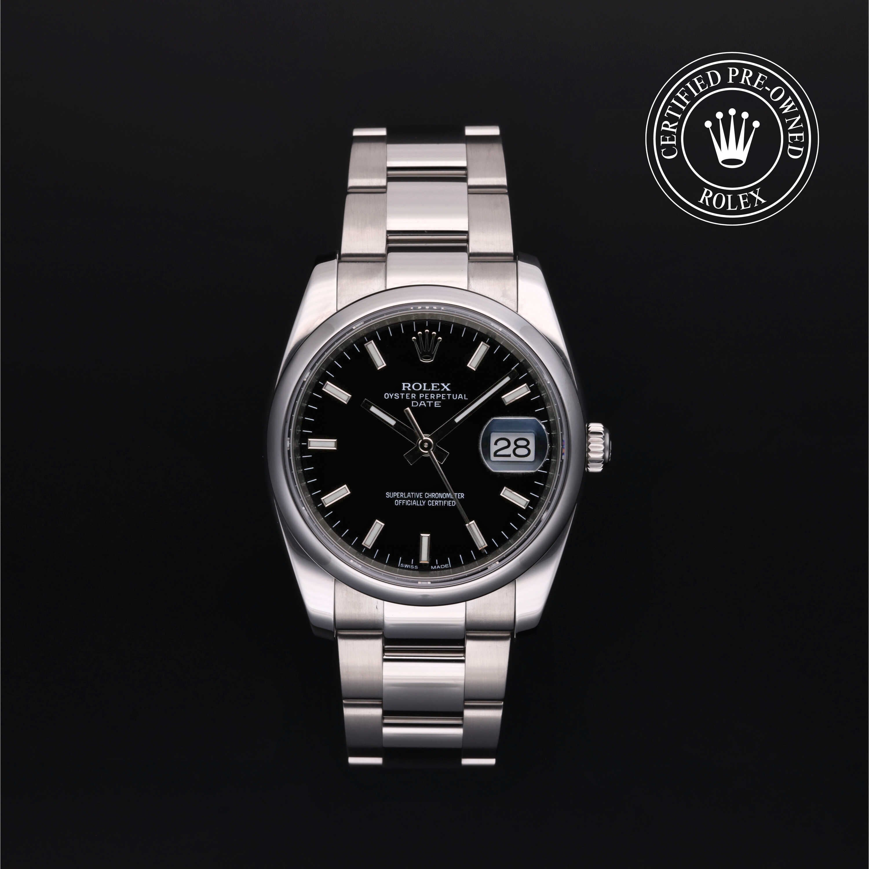 Rolex Certified Pre-owned Date M115200-0004 front on black background