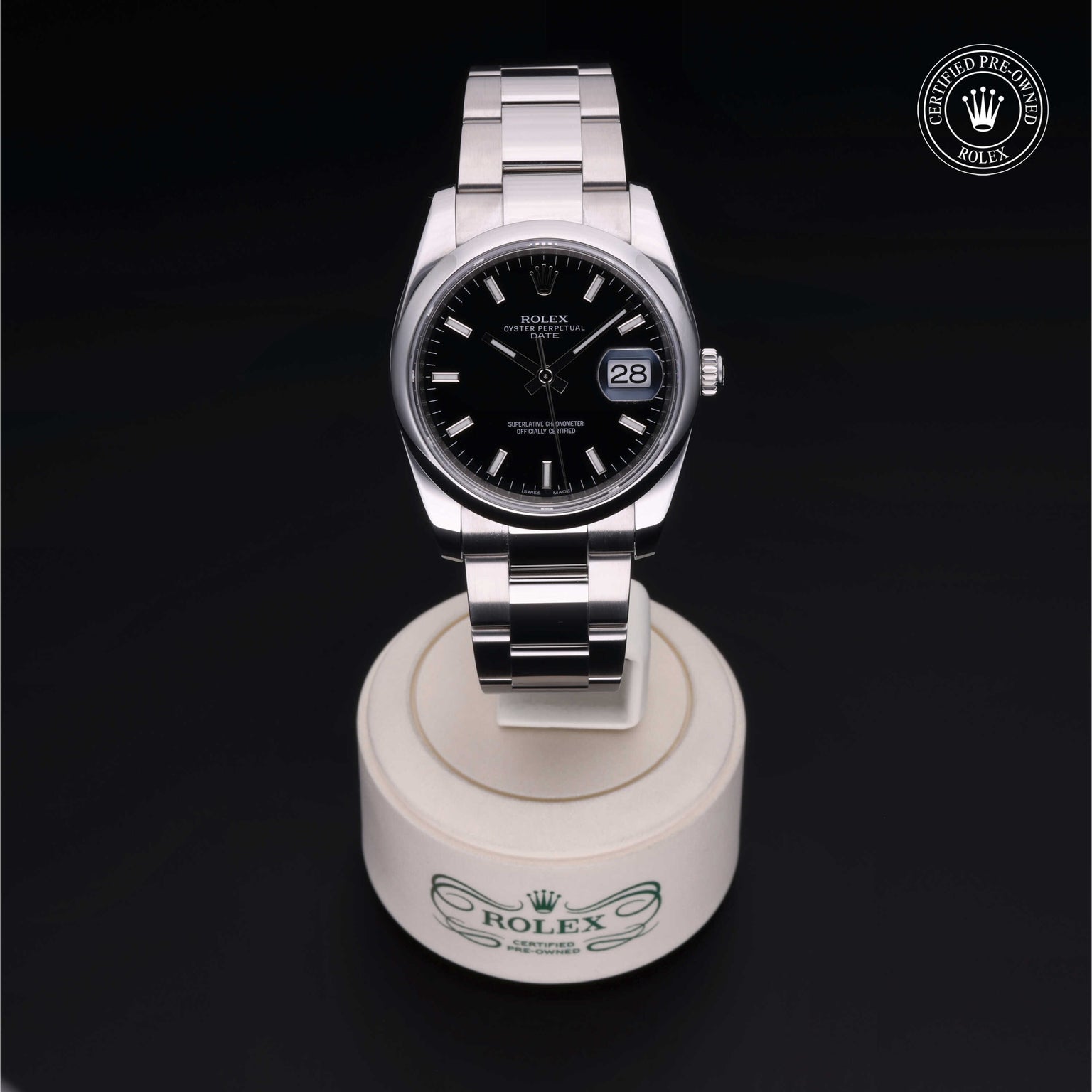 Rolex Certified Pre-owned Date M115200-0004 front on black background