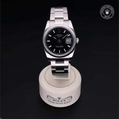 Rolex Certified Pre-owned Date M115200-0004 front on black background