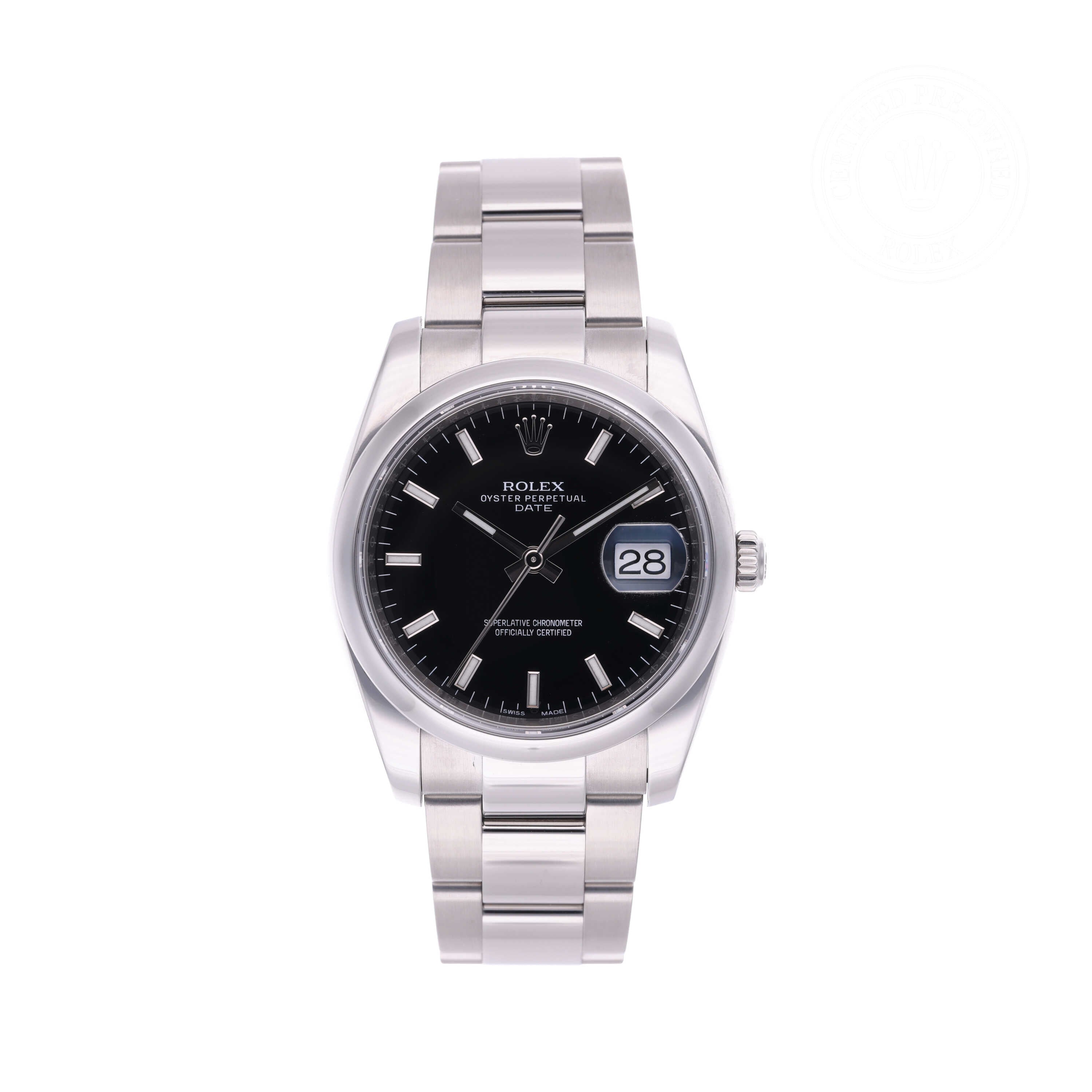 Rolex Certified Pre-owned Date M115200-0004 front on white background