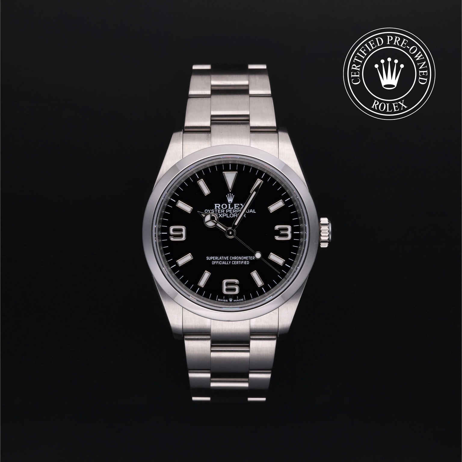 Rolex Certified Pre-owned Explorer M124270-0001 front on black background