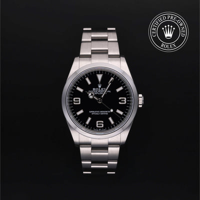 Rolex Certified Pre-owned Explorer M124270-0001 front on black background