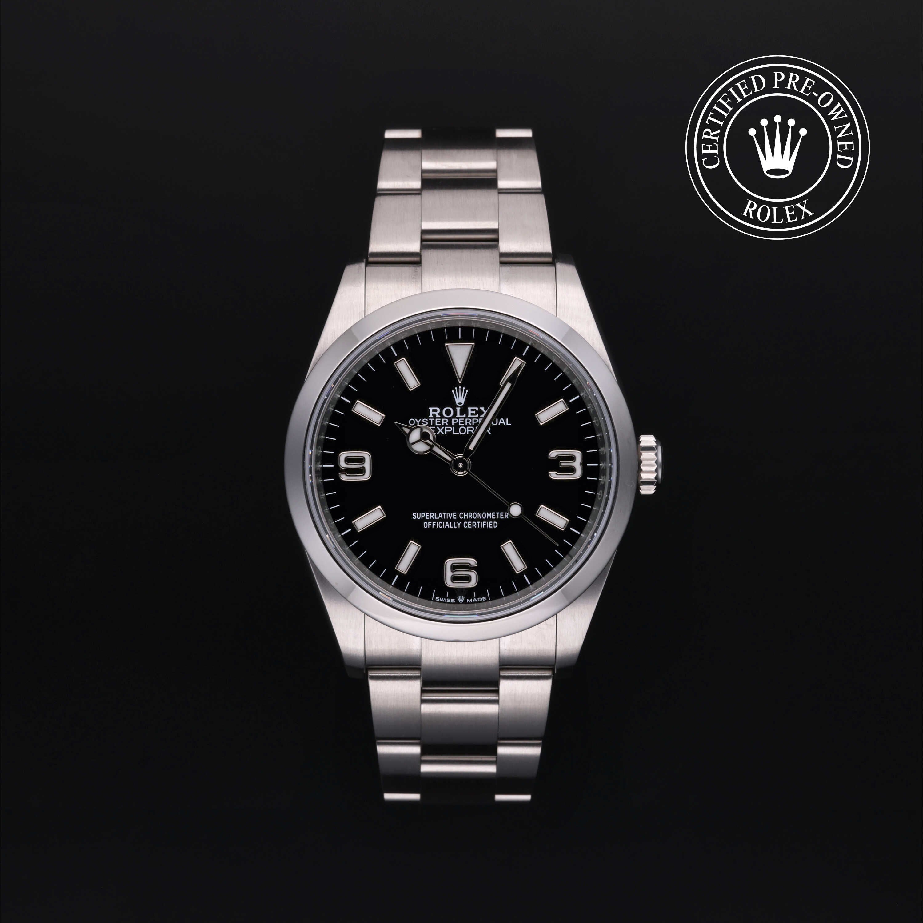 Rolex Certified Pre-owned Explorer M124270-0001 front on black background