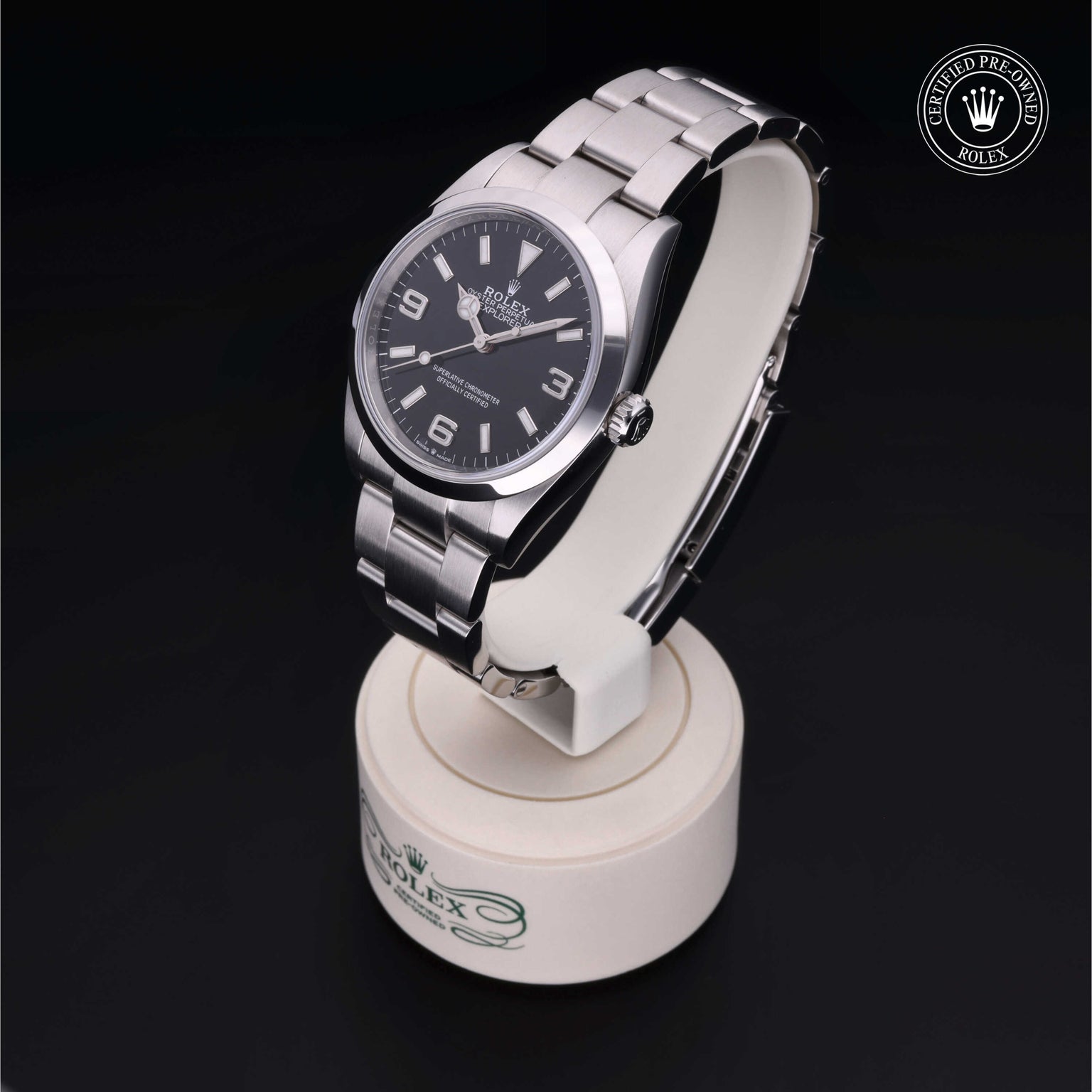 Rolex Certified Pre-owned Explorer M124270-0001 front on black background