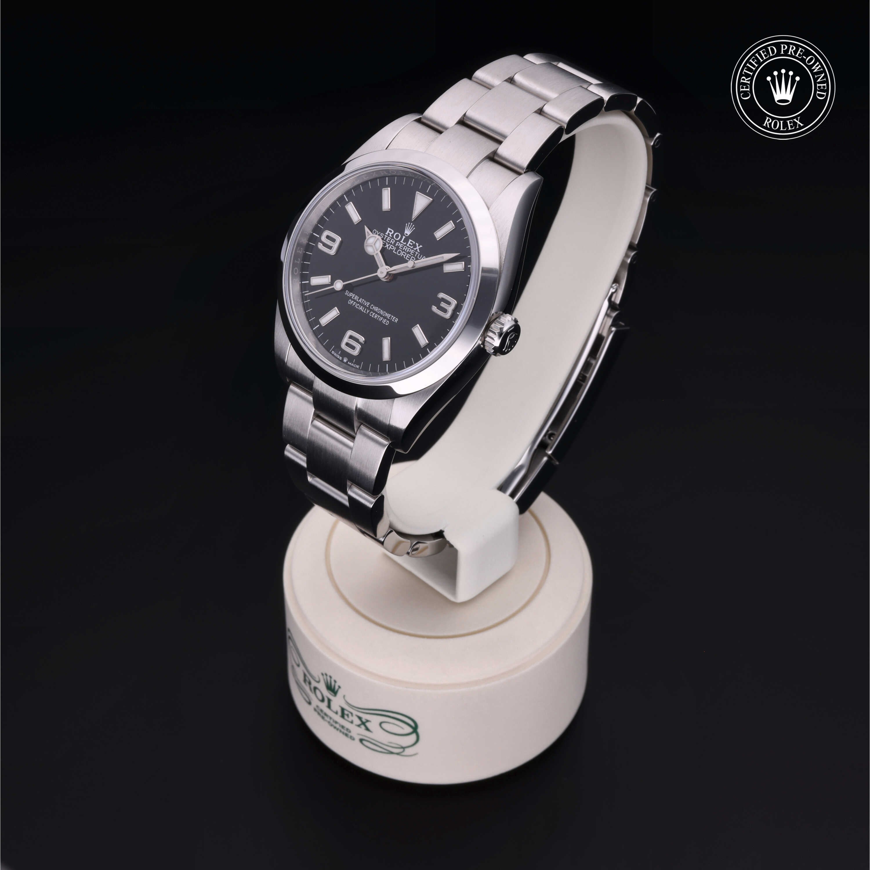 Rolex Certified Pre-owned Explorer M124270-0001 front on black background