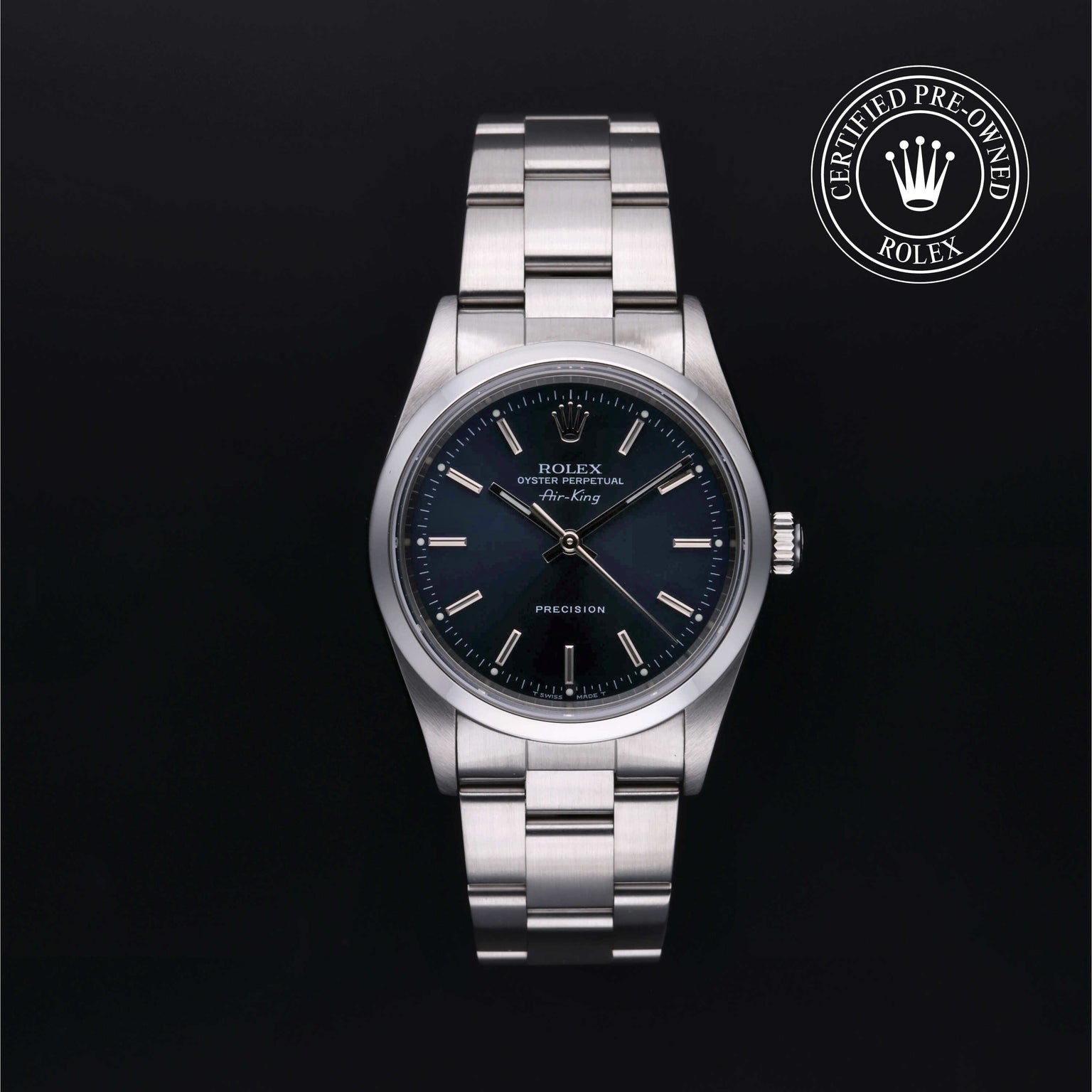 Rolex Certified Pre-owned Air-King M14000-0004 front on black background