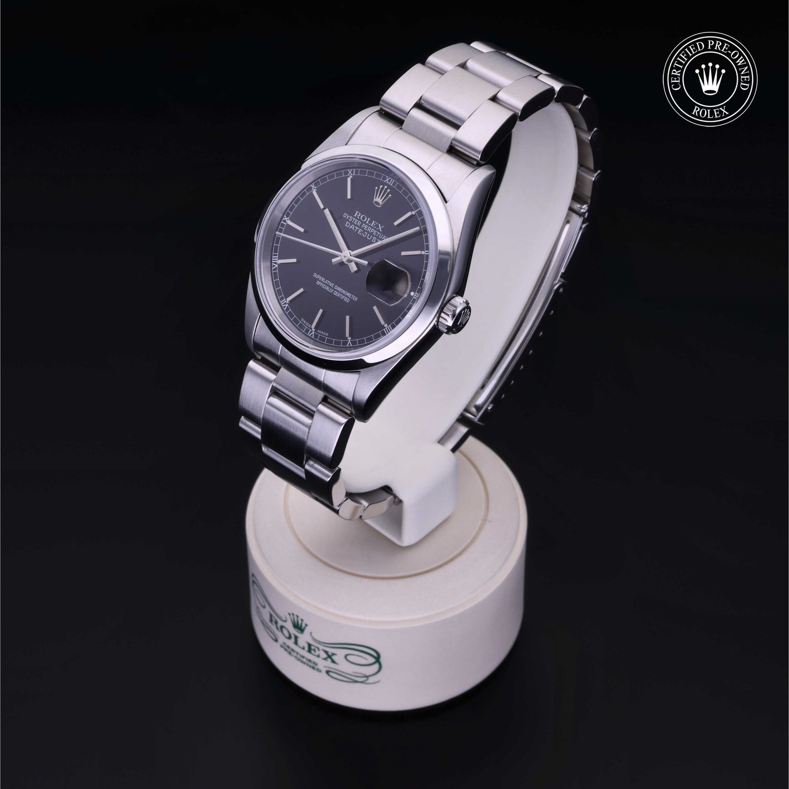 Rolex Certified Pre-owned Datejust M16200-0037 front on black background