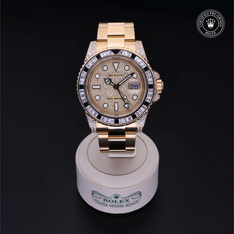 Rolex Certified Pre-owned GMT M116758SANR-0004 front on black background