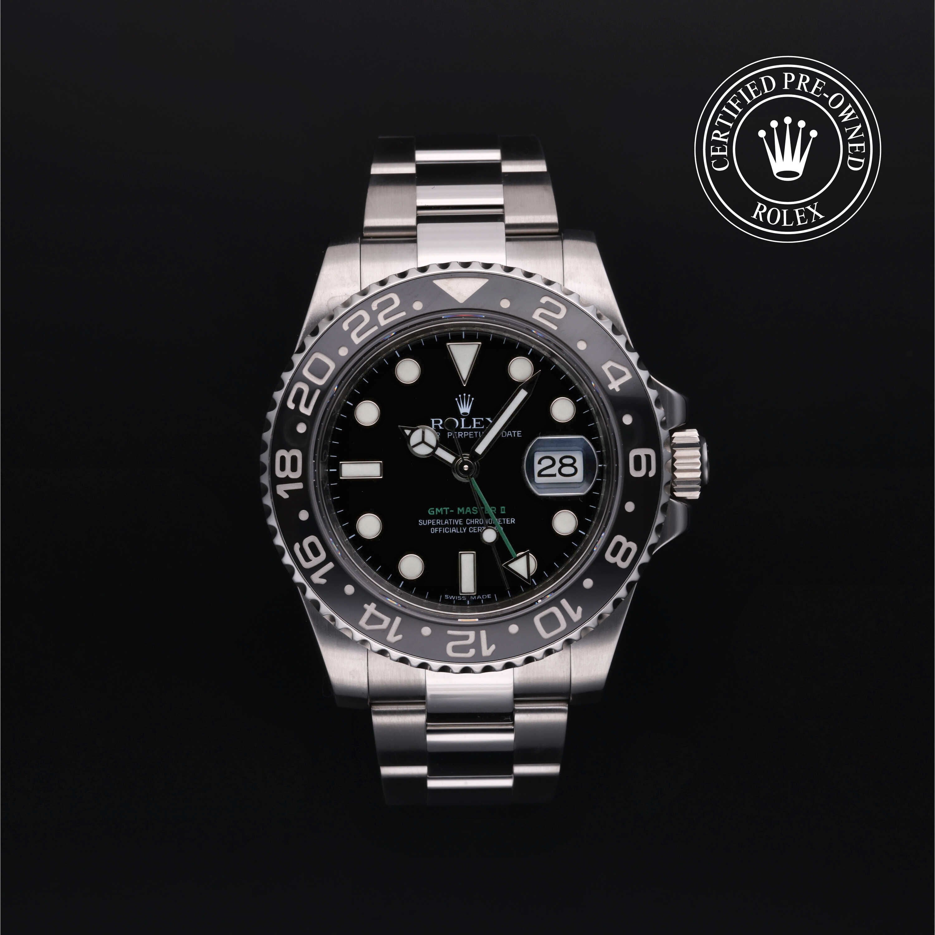 Rolex Certified Pre-owned GMT M116710LN-0001 front on black background