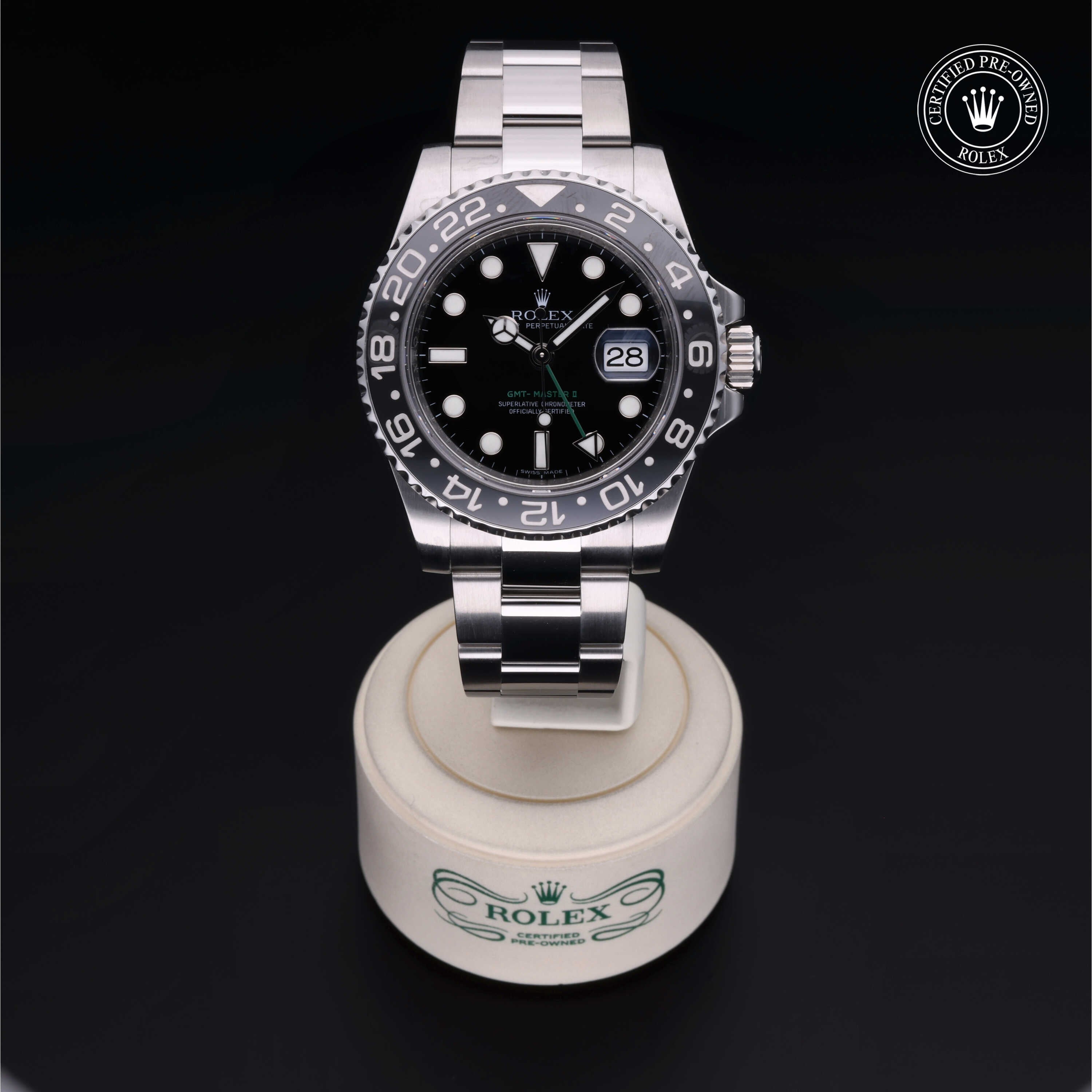 Rolex Certified Pre-owned GMT M116710LN-0001 front on black background