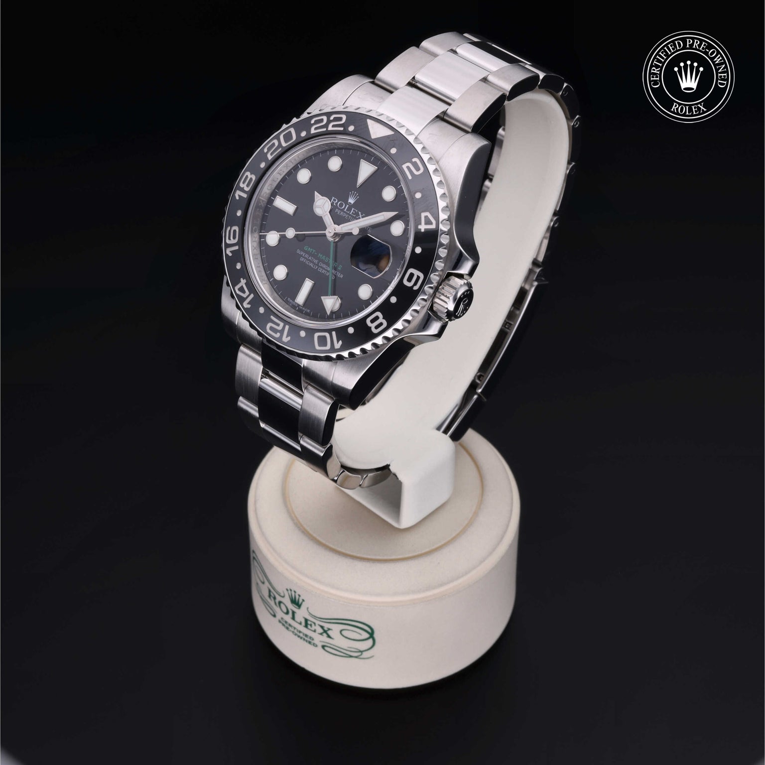 Rolex Certified Pre-owned GMT M116710LN-0001 front on black background