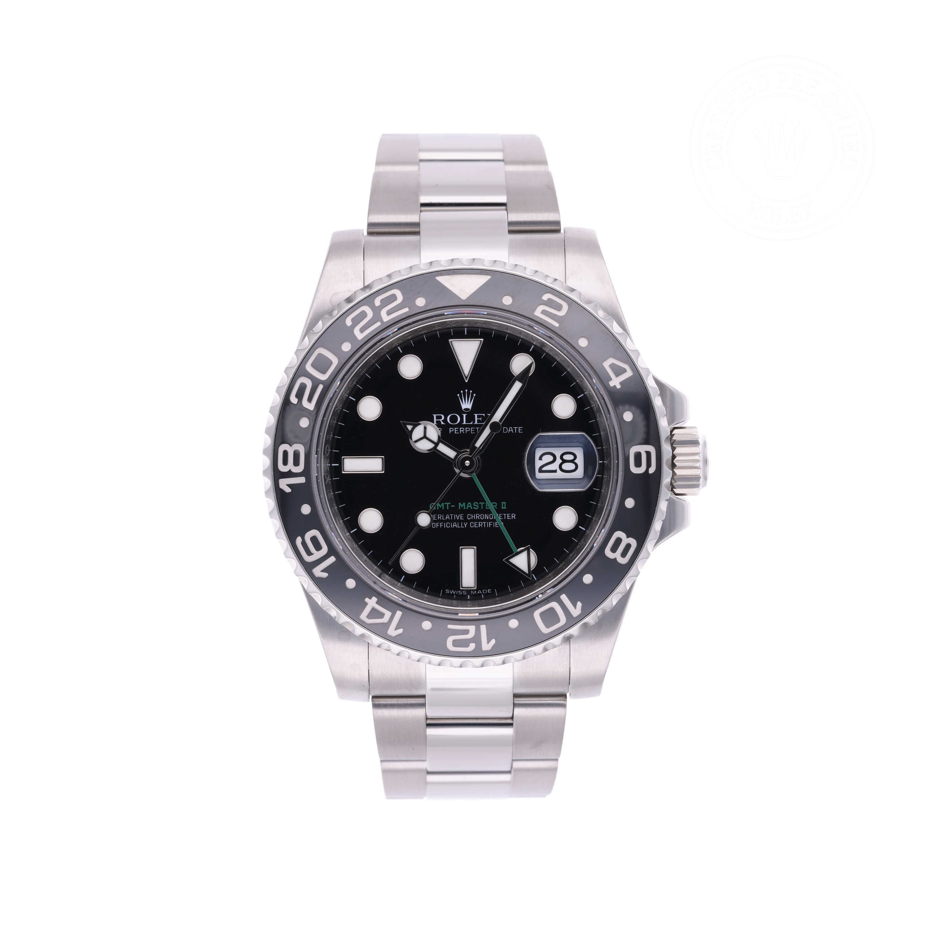 Rolex Certified Pre-owned GMT M116710LN-0001 front on white background