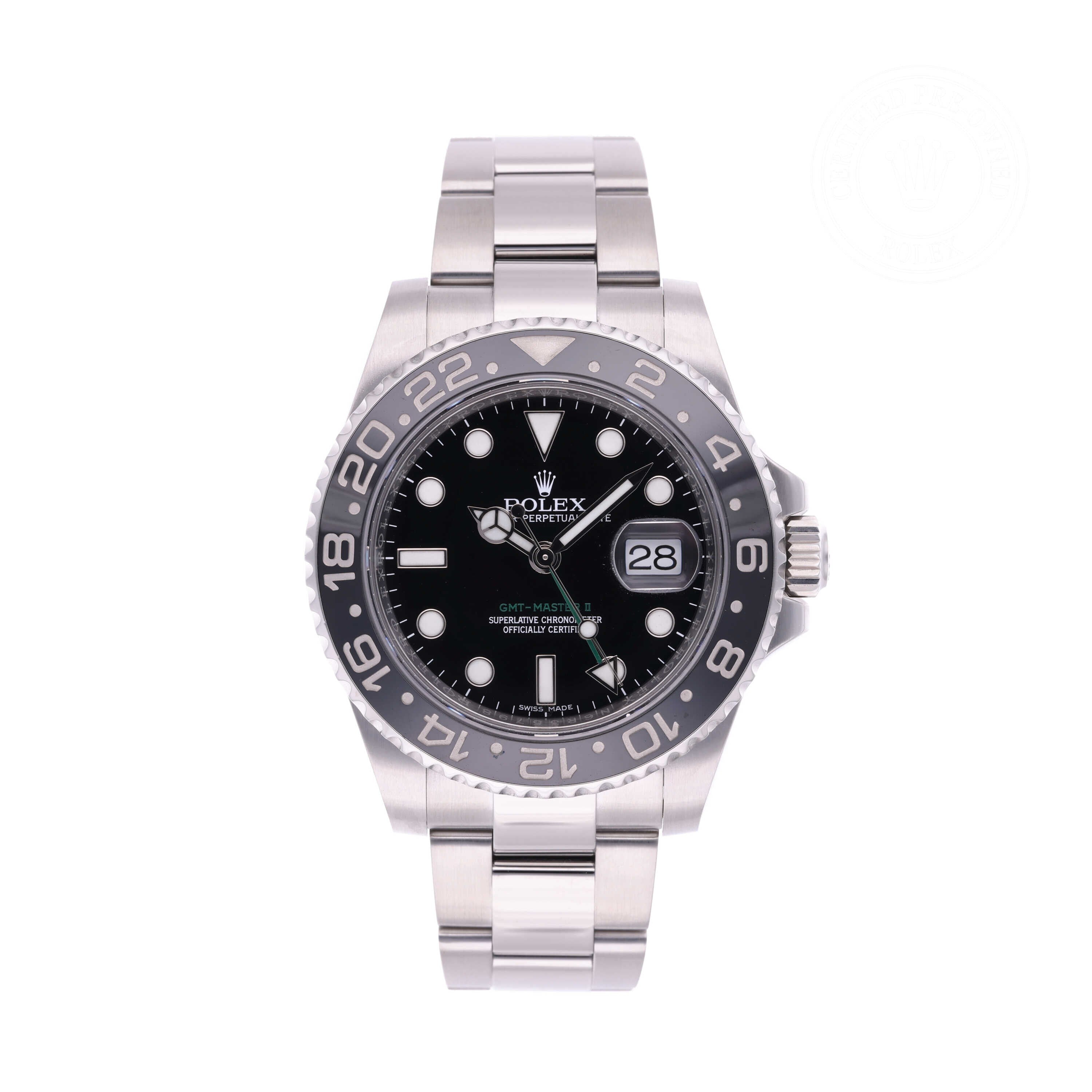 Rolex Certified Pre-owned GMT II M116710LN-0001 front on white background