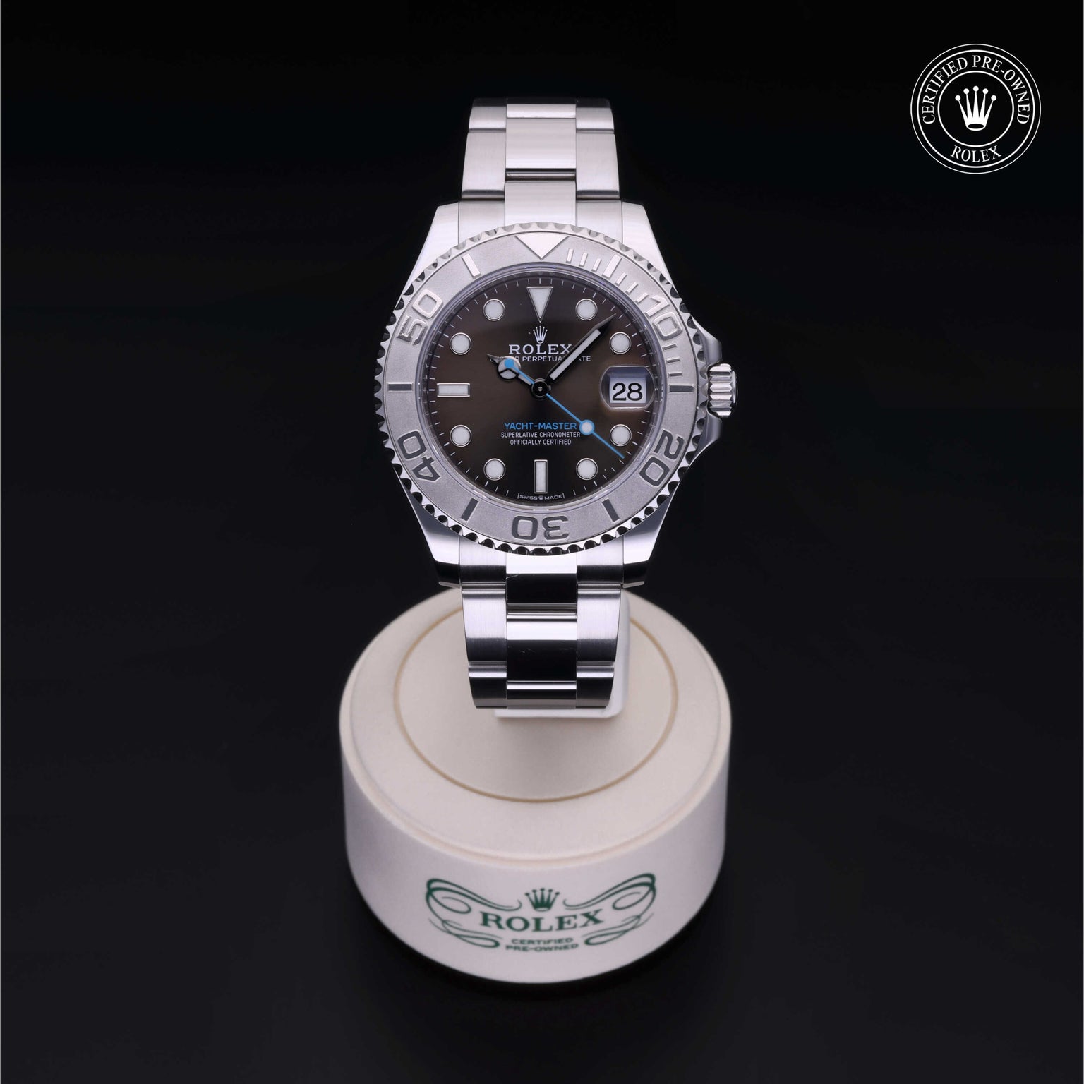 Rolex Certified Pre-owned Yacht-Master M268622-0002 front on black background