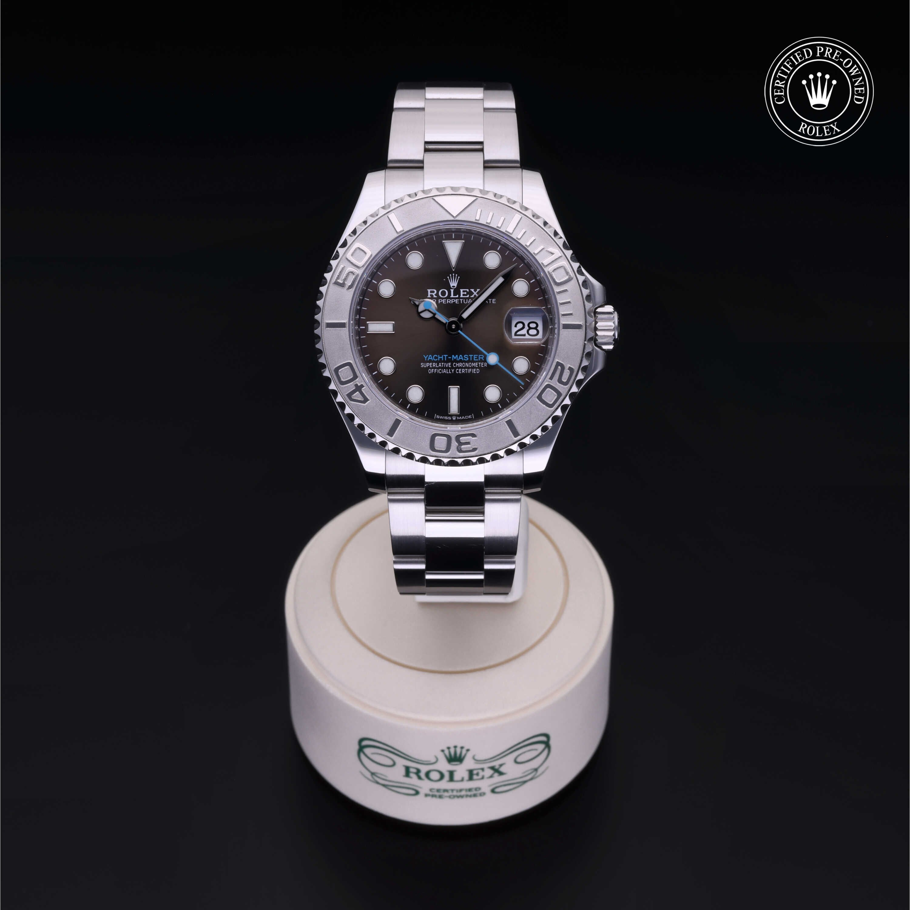 Rolex Certified Pre-owned Yacht-Master M268622-0002 front on black background