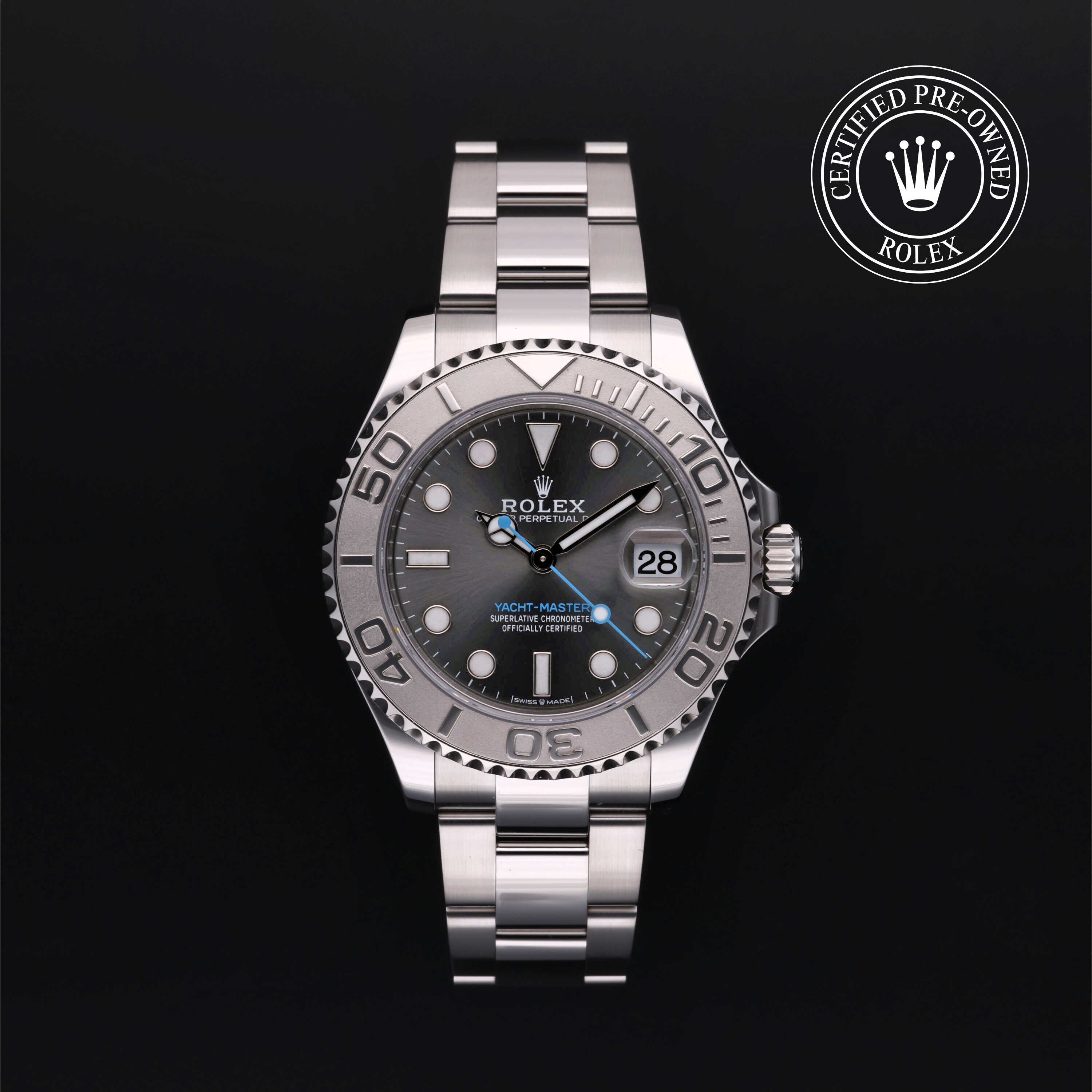 Rolex Certified Pre-owned Yacht-Master M268622-0002 front on black background