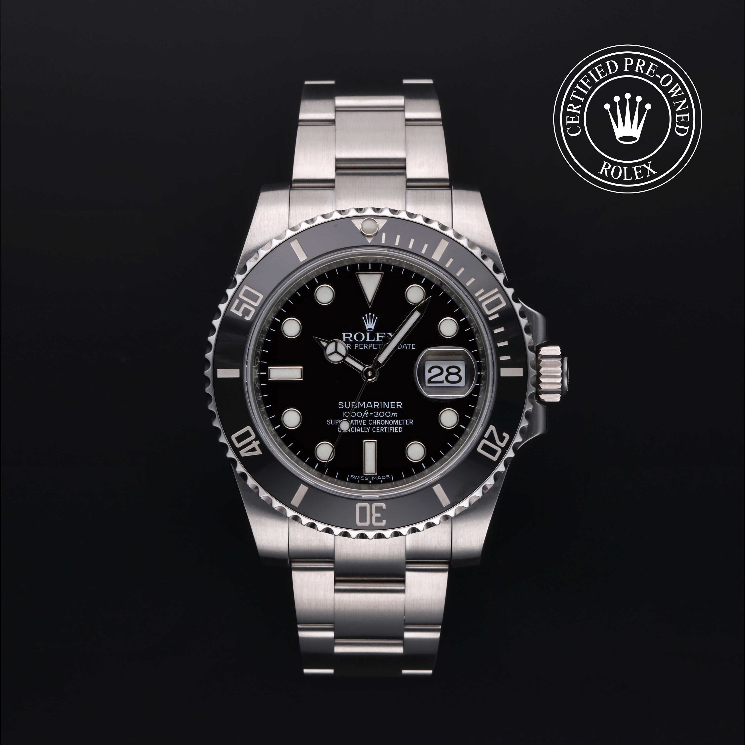 Rolex Certified Pre-owned Submariner M116610LN-0001 front on black background