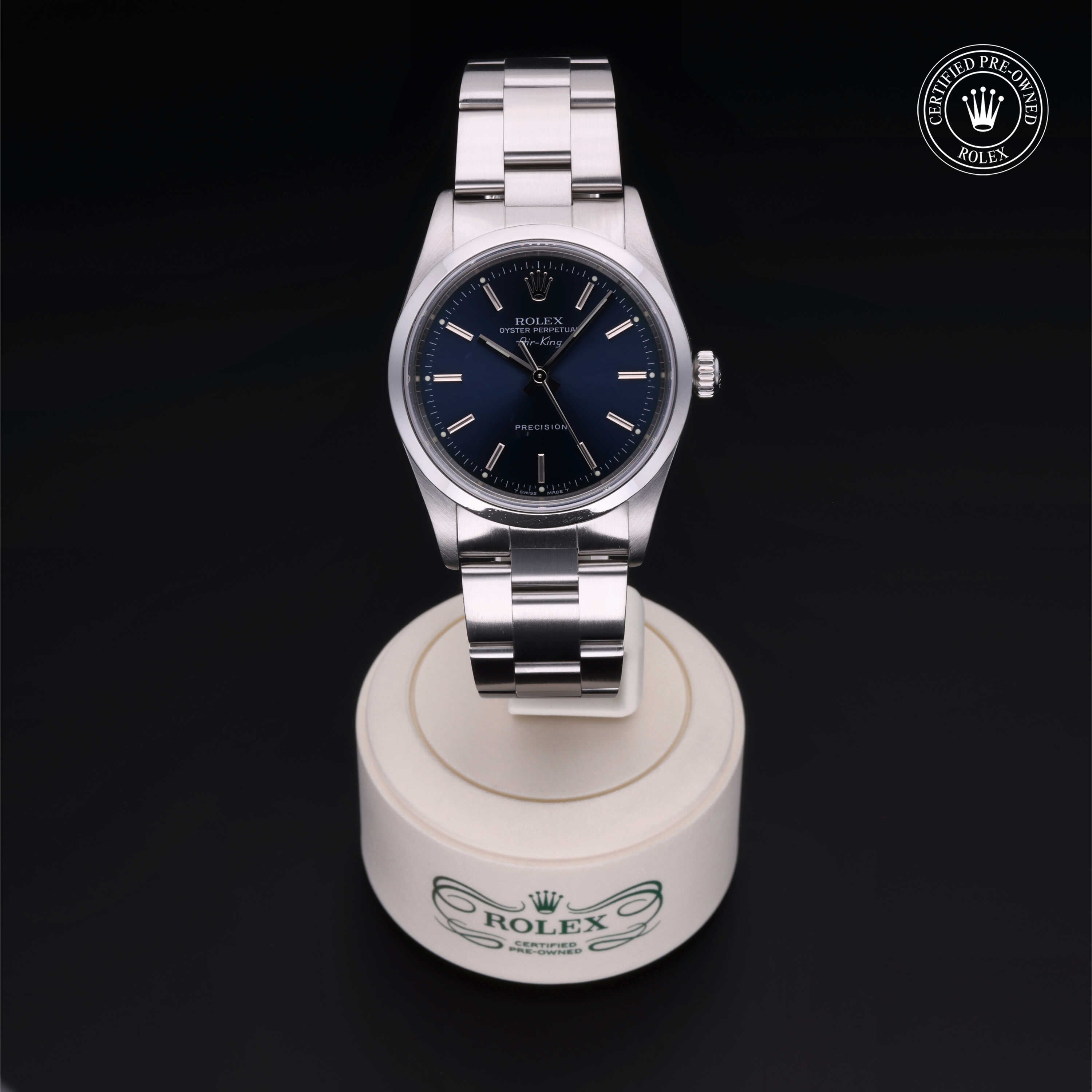 Rolex Certified Pre-owned Air-King M14000-0004 front on black background