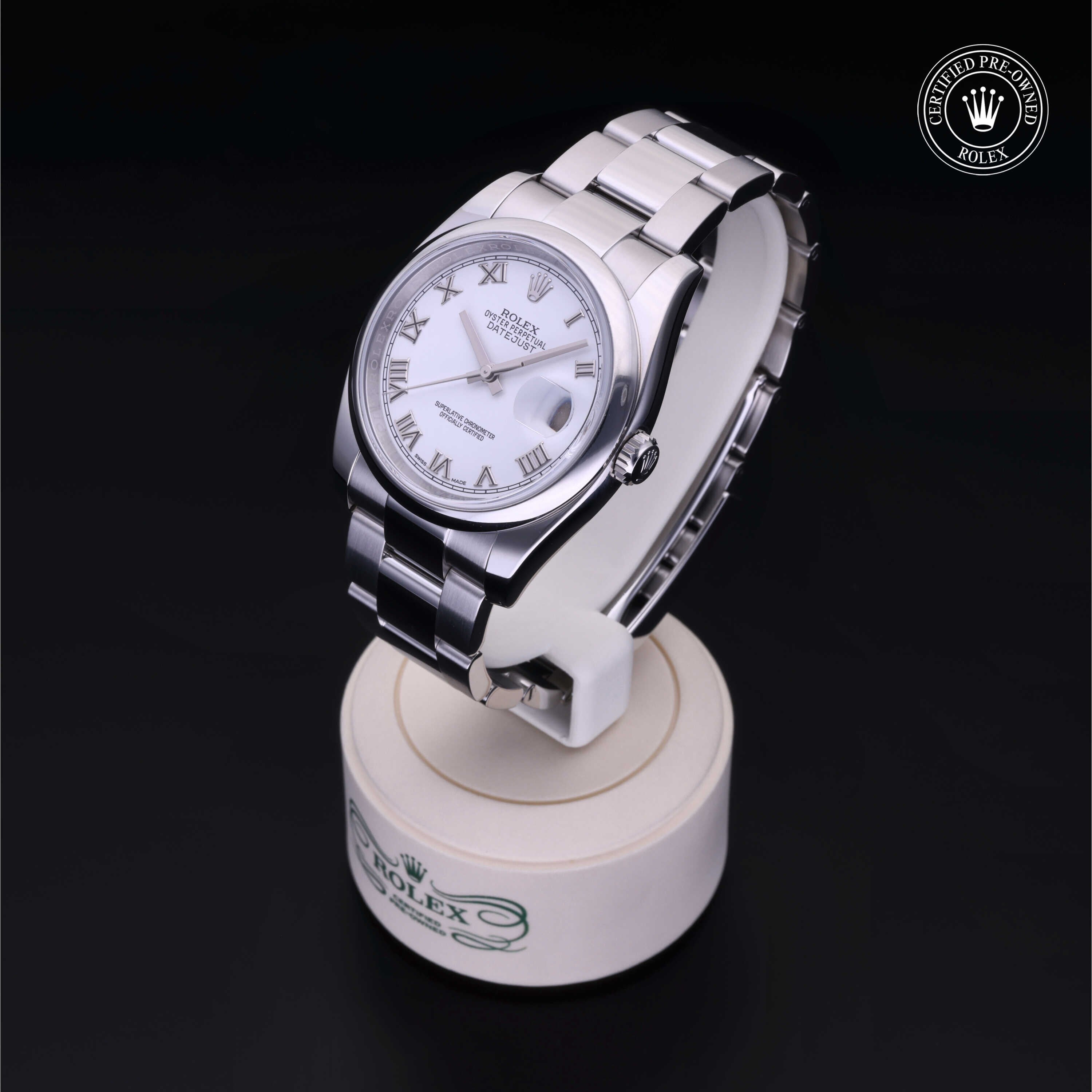 Rolex Certified Pre-owned Datejust M116200-0055 front on black background