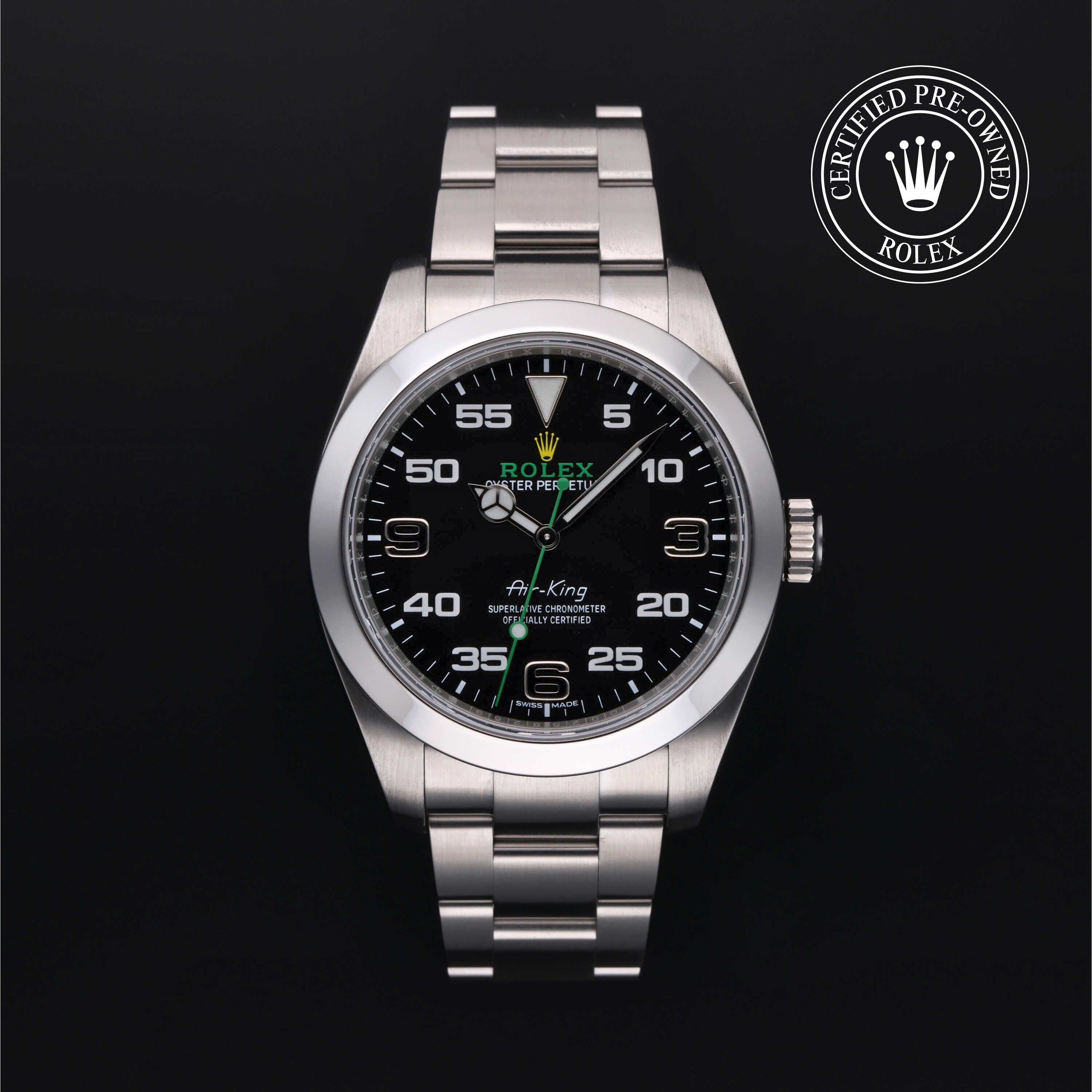 Rolex Certified Pre-owned Air-King M116900-0001 front on black background