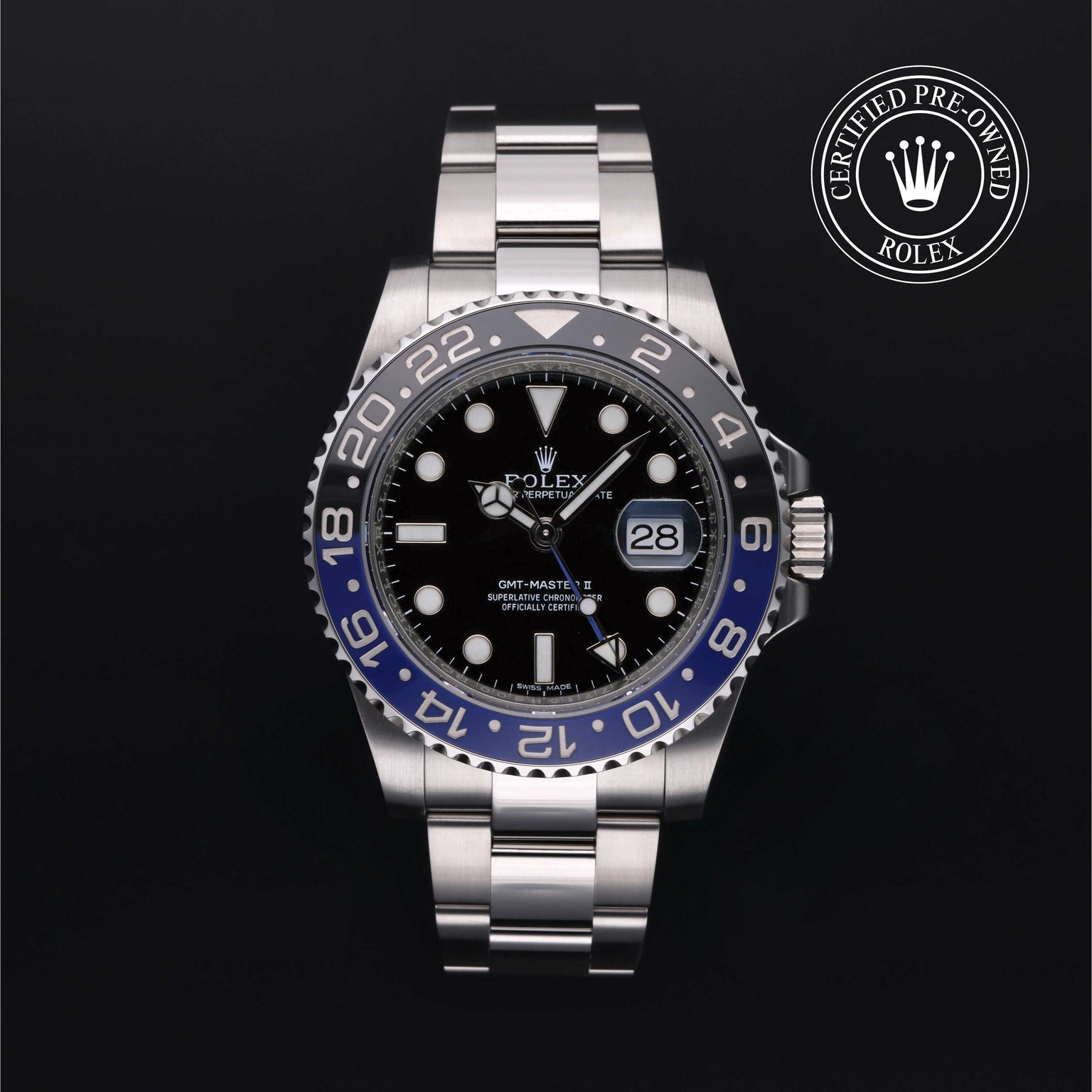 Rolex Certified Pre-owned GMT II M116710BLNR-0002 front on black background