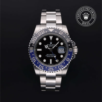 Rolex Certified Pre-owned GMT II M116710BLNR-0002 front on black background