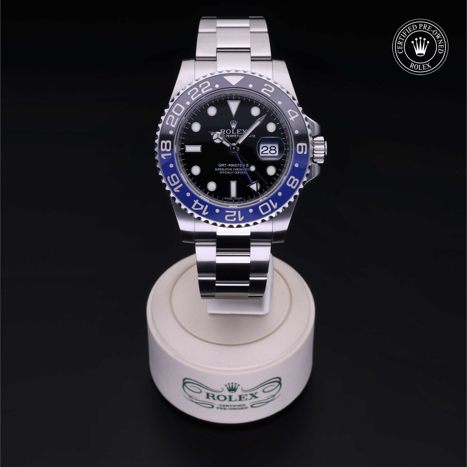 Rolex Certified Pre-owned GMT II M116710BLNR-0002 front on black background