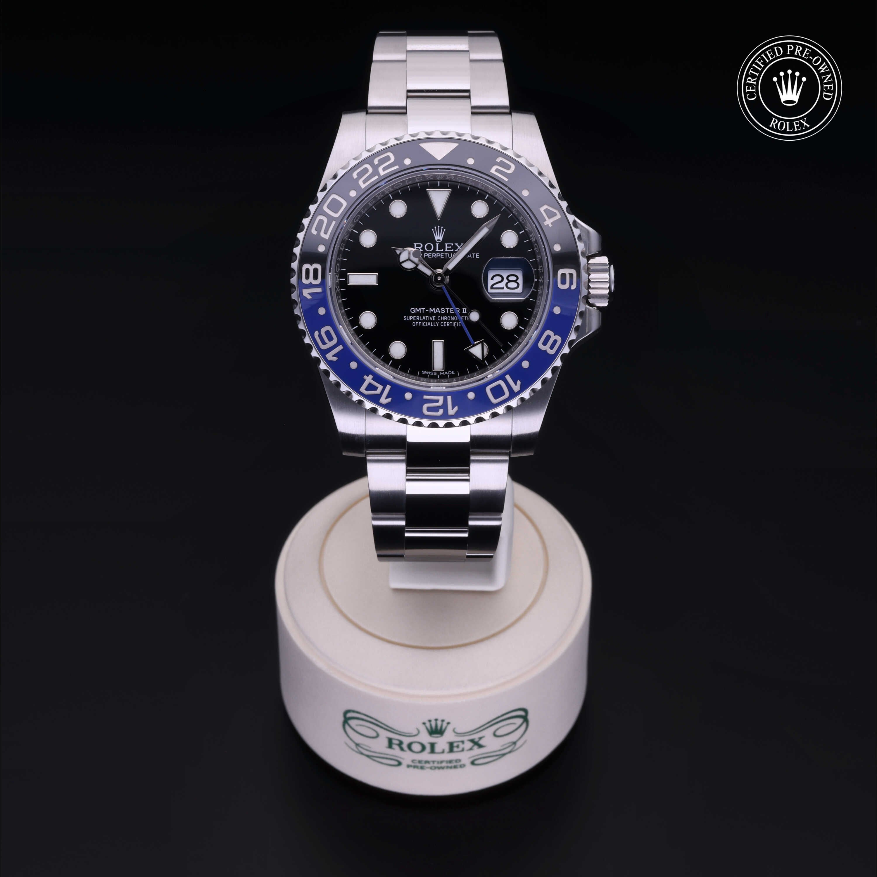 Rolex Certified Pre-owned GMT II M116710BLNR-0002 front on black background