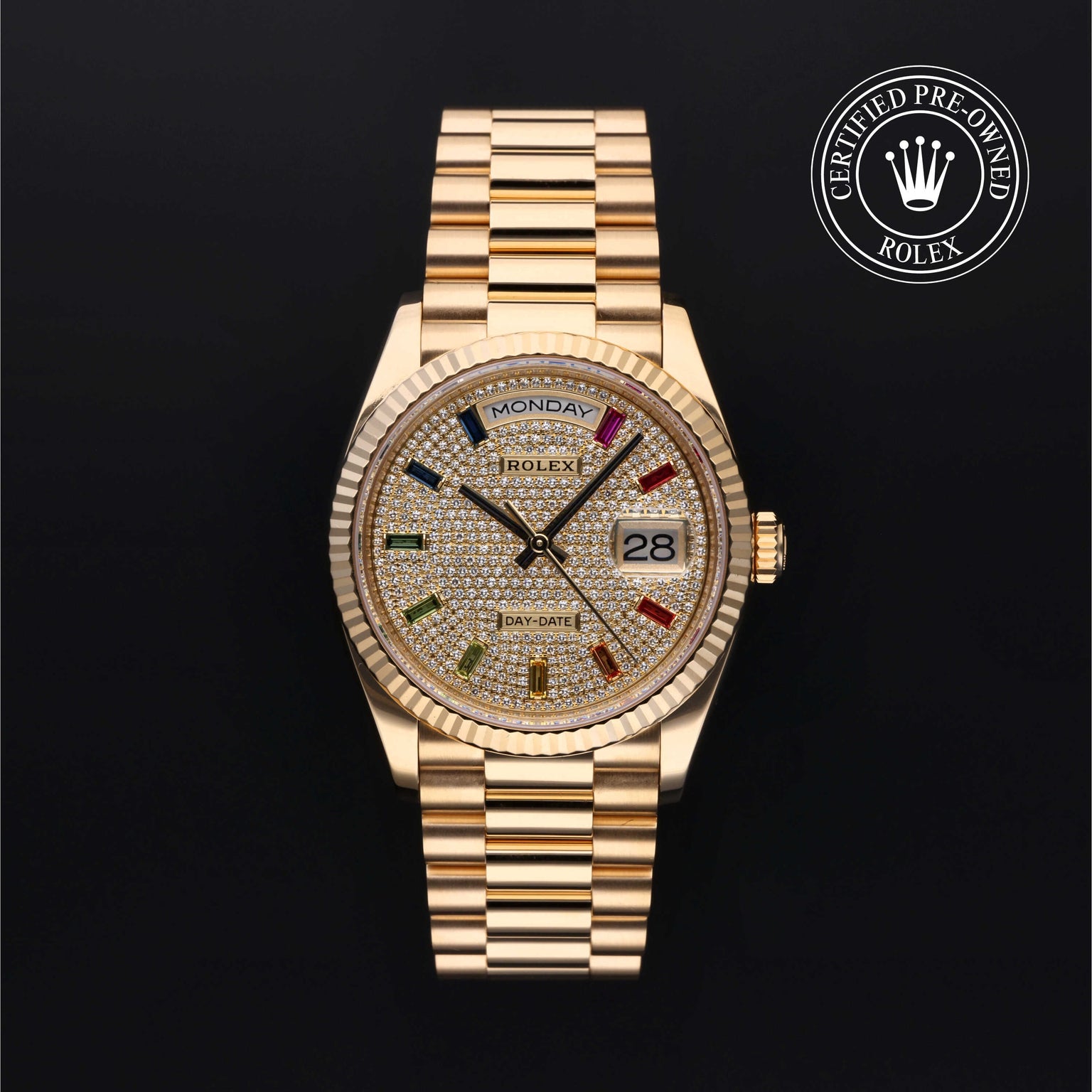 Rolex Certified Pre-owned Day-date M128238-0051 front on black background