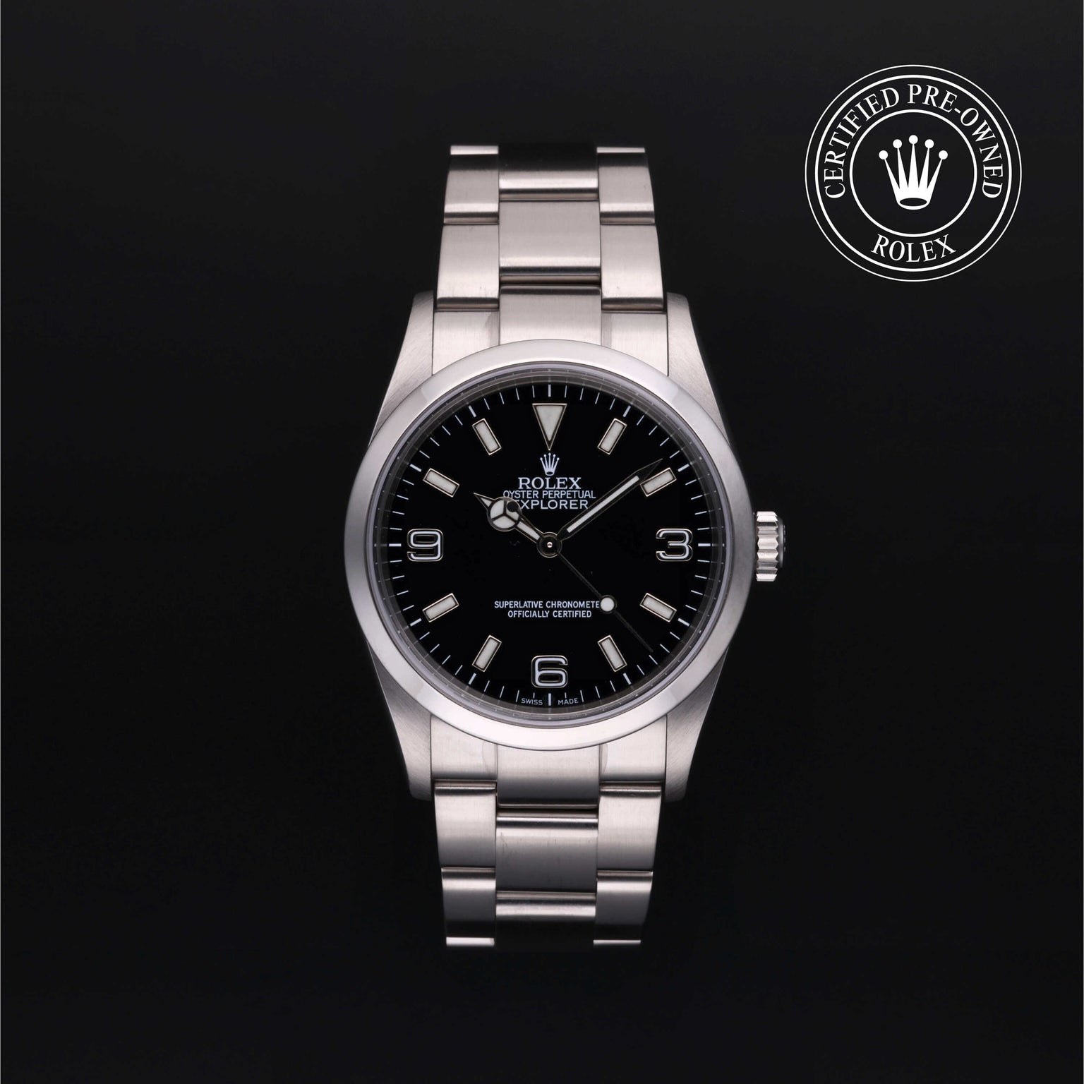 Rolex Certified Pre-owned Explorer M114270-0002 front on black background