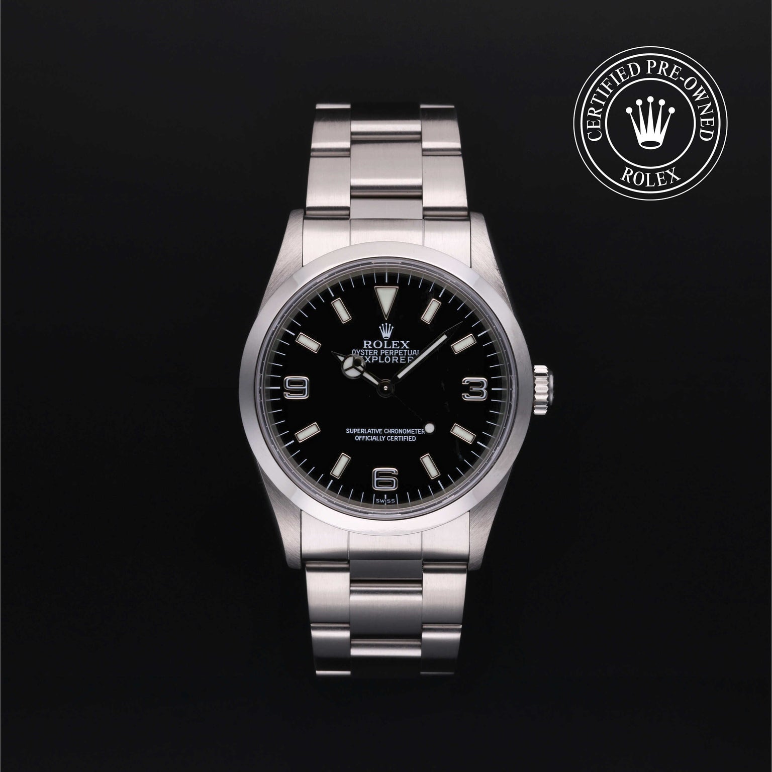 Rolex Certified Pre-owned Explorer M14270-0001 front on black background