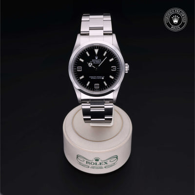 Rolex Certified Pre-owned Explorer M14270-0001 front on black background