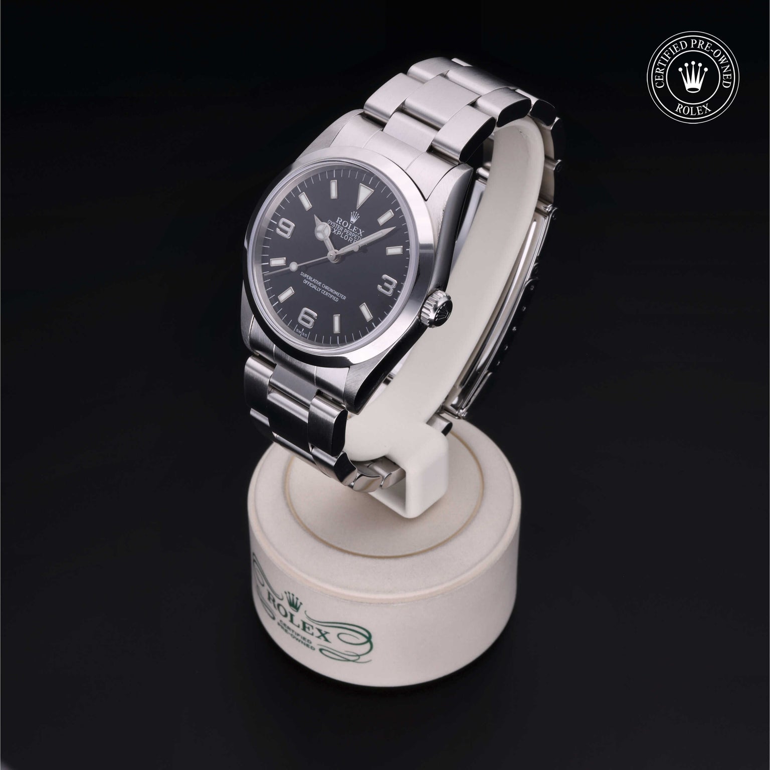 Rolex Certified Pre-owned Explorer M14270-0001 front on black background