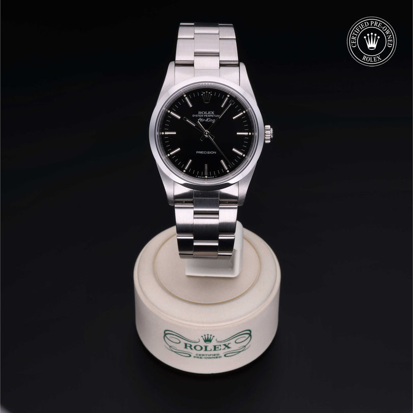 Rolex Certified Pre-owned Air-King M14000-0005 front on black background