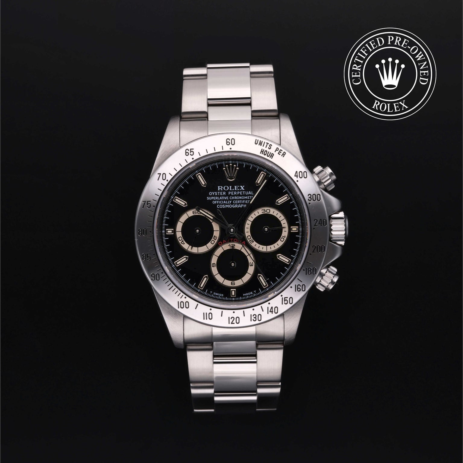 Rolex Certified Pre-owned Daytona M16520-0002 front on black background