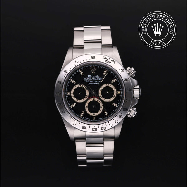 Rolex Certified Pre-owned Daytona M16520-0002 front on black background