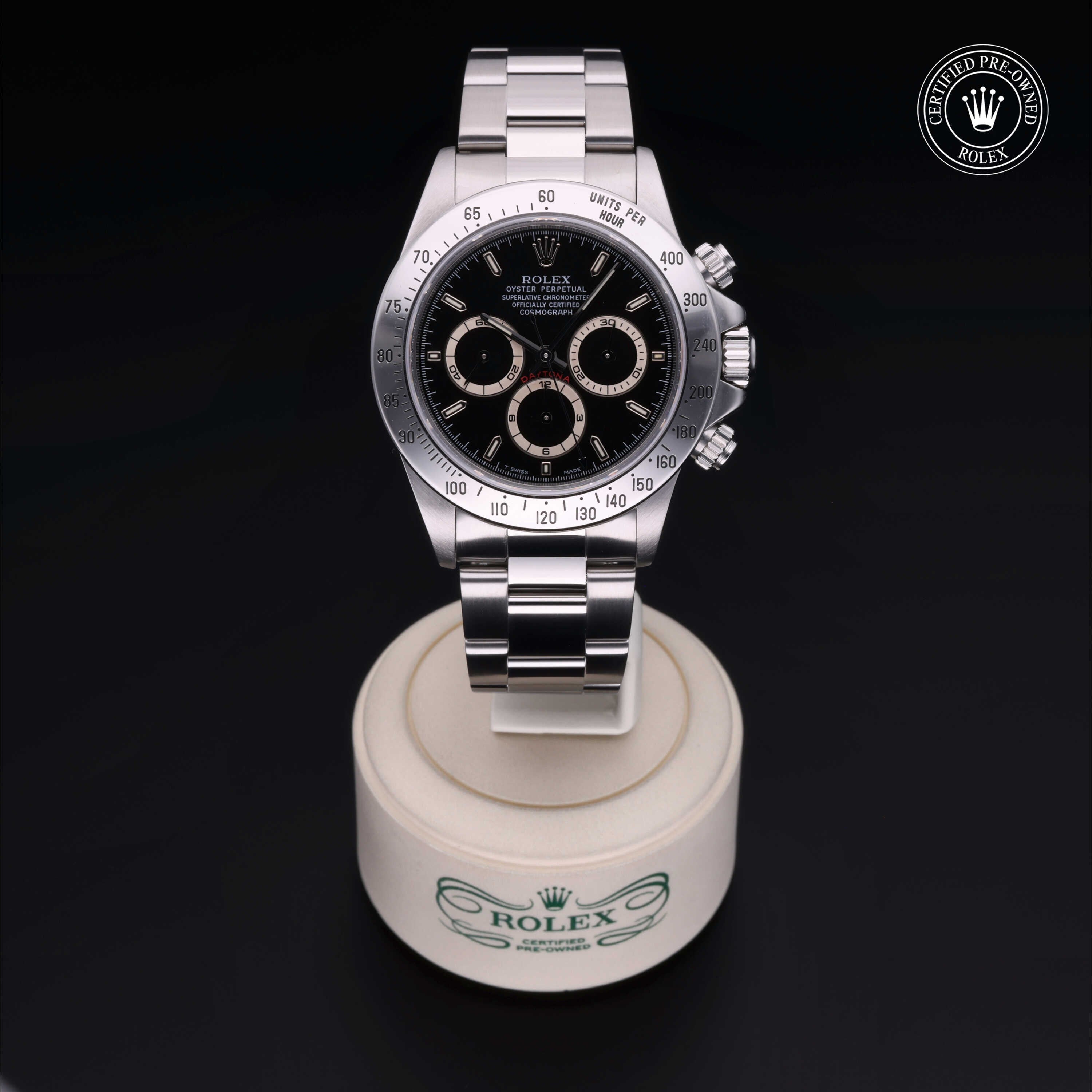 Rolex Certified Pre-owned Daytona M16520-0002 front on black background