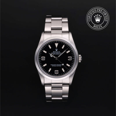 Rolex Certified Pre-owned Explorer M14270-0001 front on black background