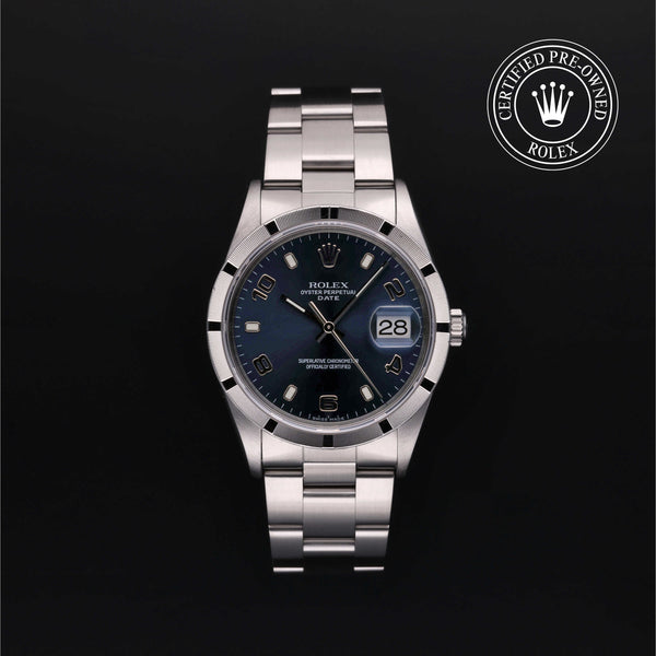 Rolex Certified Pre-owned Date M15210-0009 front on black background