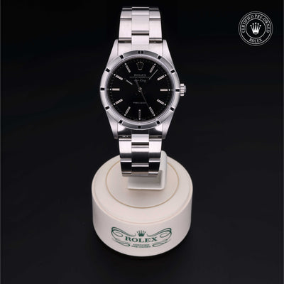 Rolex Certified Pre-owned Air-King M14010M-0012 front on black background