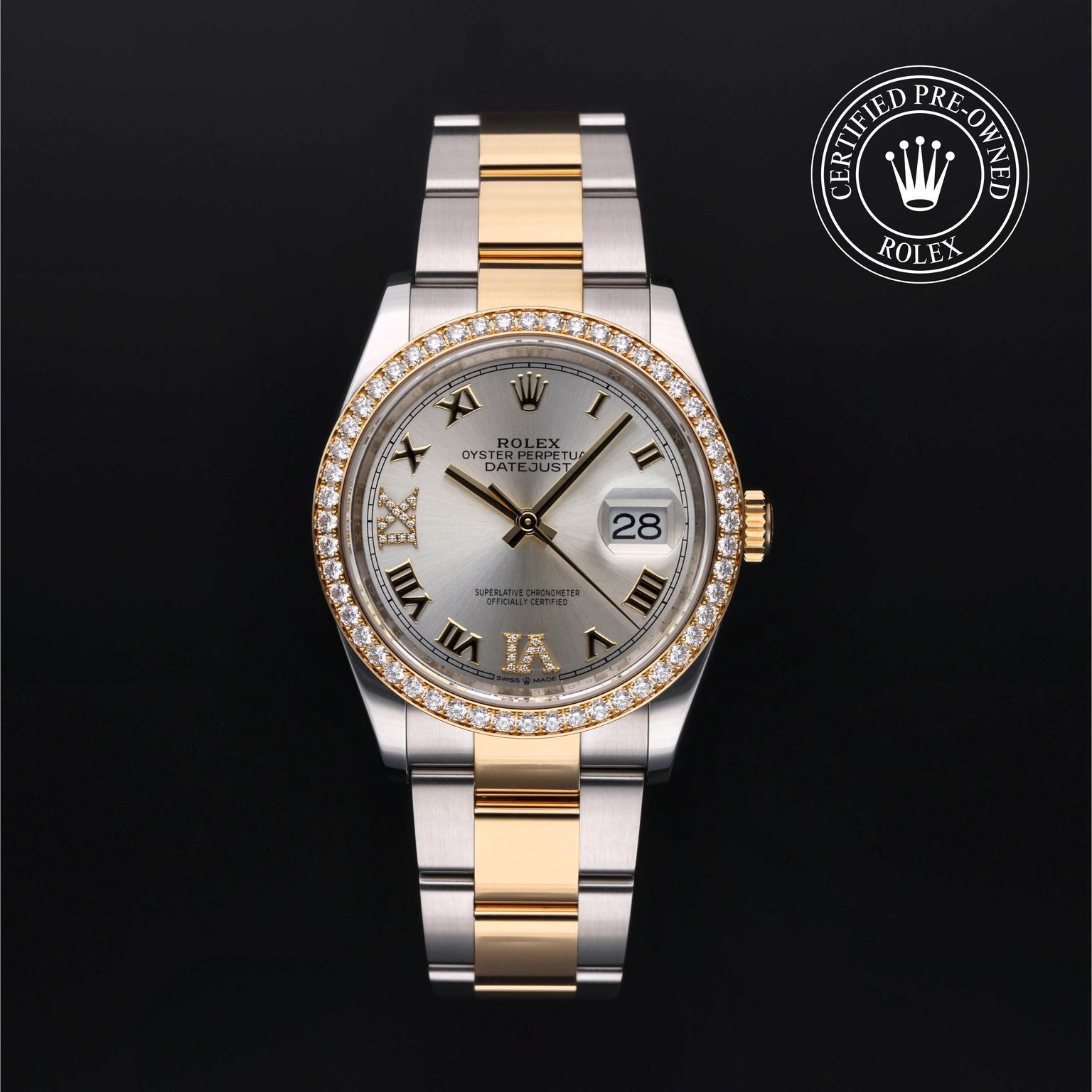 Rolex Certified Pre-owned Datejust M126283RBR-0018 front on black background