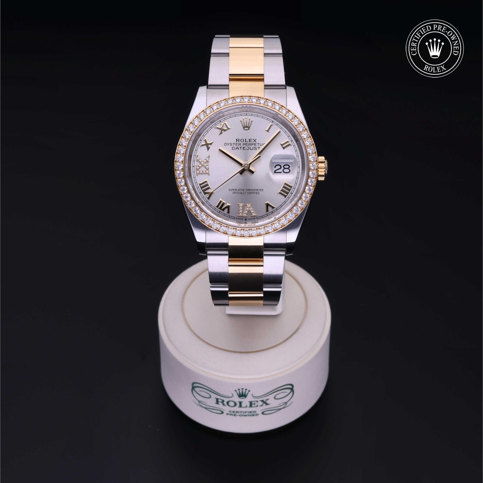 Rolex Certified Pre-owned Datejust M126283RBR-0018 front on black background