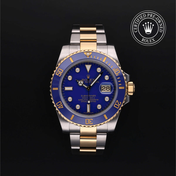 Rolex Certified Pre-owned Submariner M116613LB-0003 front on black background