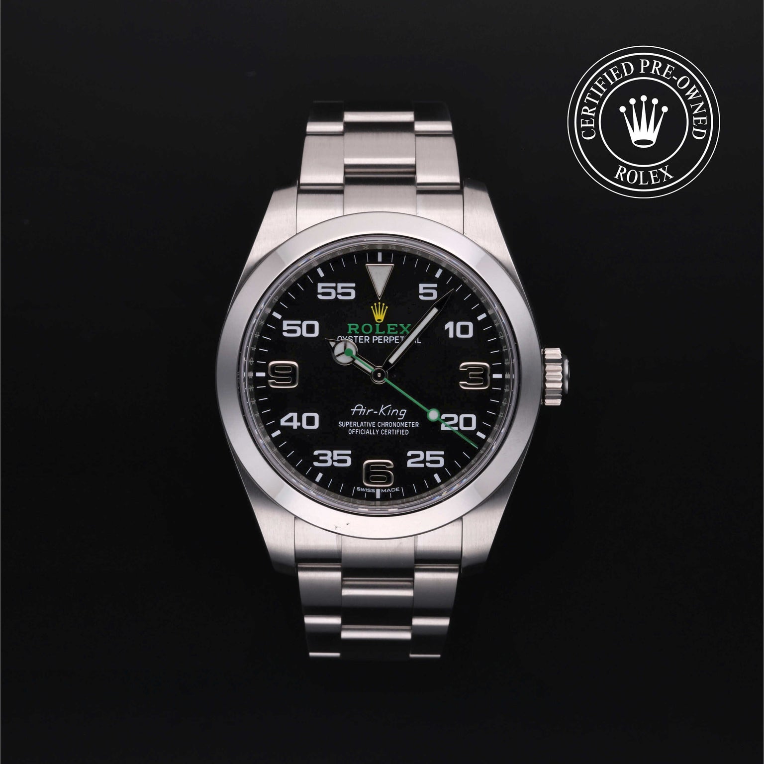 Rolex Certified Pre-owned Air-King M116900-0001 front on black background