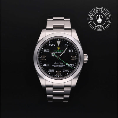 Rolex Certified Pre-owned Air-King M116900-0001 front on black background