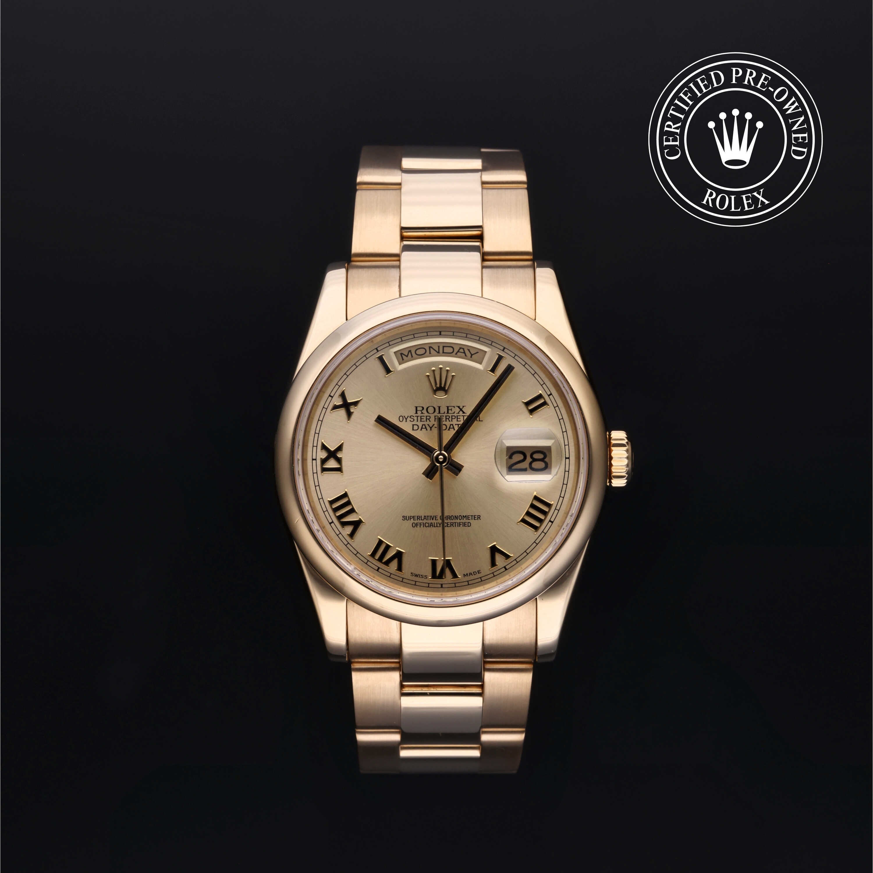Rolex Certified Pre-owned Day-date M118208-0009 front on black background