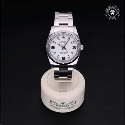 Rolex Certified Pre-owned Air-King M114210-0003 front on black background