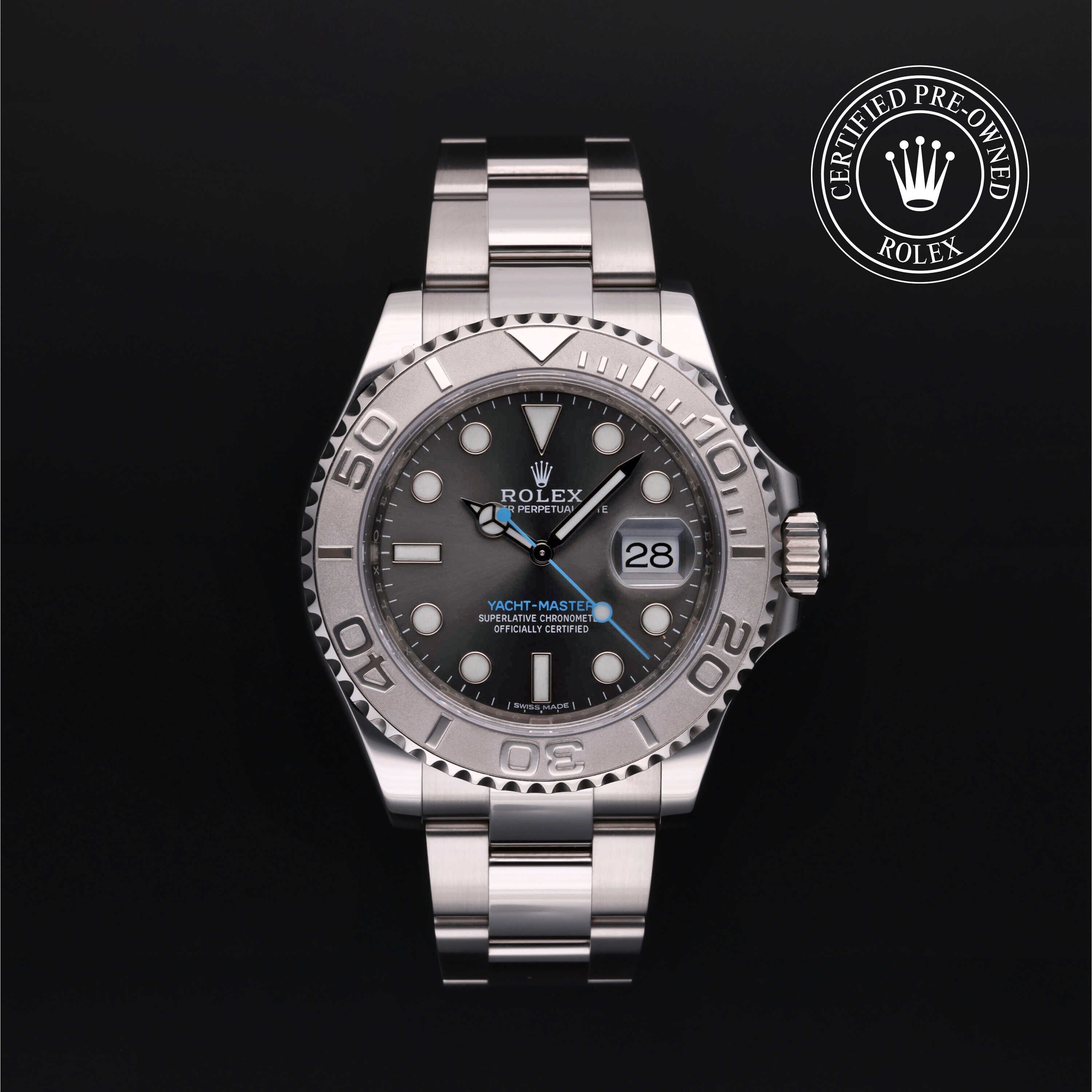 Rolex Certified Pre-owned Yacht-Master M116622-0003 front on black background